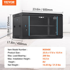 VEVOR 6U Wall Mount Network Server Cabinet, 15.5'' Deep, Server Rack Cabinet Enclosure, 200 lbs Max. Ground-mounted Load Capacity, with Locking Glass Door Side Panels, for IT Equipment, A/V Devices