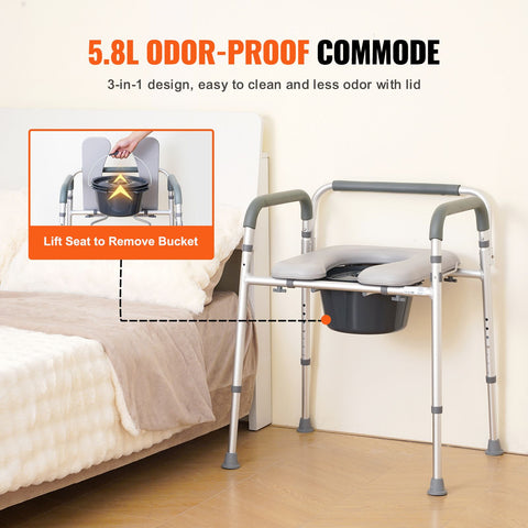 Commode Chair, Bedside Commode with Padded Seat and Arms, 7-Level Adjustable Height, 5.8L Removable Bucket, Easy to Assemble, 350 LBS Capacity, Raised Toilet Seat for Adults Seniors