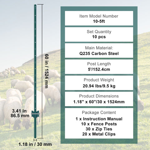 5 Feet Fence Post 10 Pack T-Post Heavy Duty Metal Fence Posts Green
