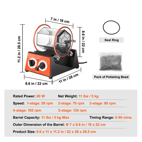 Jewelry Polisher Tumbler, 11lbs/5kg Capacity Mini Rotary Tumbler Machine with 0-60 Minutes Timer, 5 Speeds Jewelry Rotary Finisher for Surface Polishing Grinding Buffing Gemstones Jewels Coins