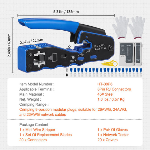 RJ45 Crimp Tool Kit, Cat5e/Cat6/Cat6a Ethernet Crimper Crimp Pliers for 8-Pin Modular Plugs with 20pcs Pass-Through Connectors and Covers, Wire Stripper and Network Tester