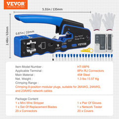 VEVOR RJ45 Crimp Tool Kit, Cat5e/Cat6/Cat6a Ethernet Crimper Crimp Pliers for 8-Pin Modular Plugs with 20pcs Pass-Through Connectors and Covers, Wire Stripper and Network Tester
