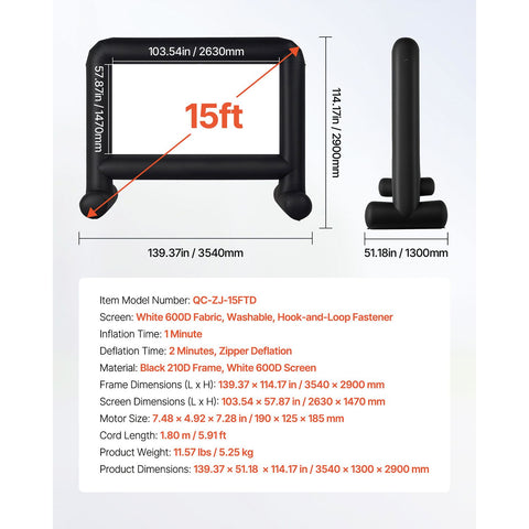 15 ft Inflatable Movie Screen 16:9 600D Movie Projector with Portable Bag