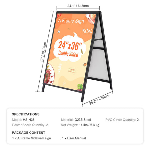 A Frame Sidewalk Sign, 61x91cm Heavy Duty Slide-in Signboard Holder, Double-Sided Folding Sandwich Board Signs, Steel Pavement Sign Poster for Outdoor Business Street Advertising (Frame only)