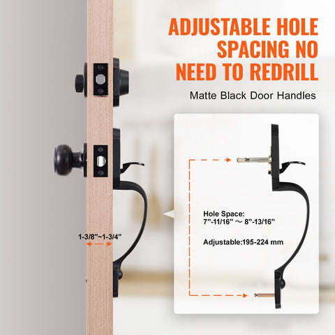 Front Door Handle and Deadbolt Set, Matte Black Front Door Lock Set with Interior Knob, Single Cylinder Handleset Adjustable Hole Spacing, for Right and Left Handed Entrance and Front Door