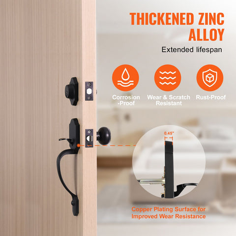 Front Door Handle and Deadbolt Set, Matte Black Front Door Lock Set with Interior Knob, Single Cylinder Handleset Adjustable Hole Spacing, for Right and Left Handed Entrance and Front Door