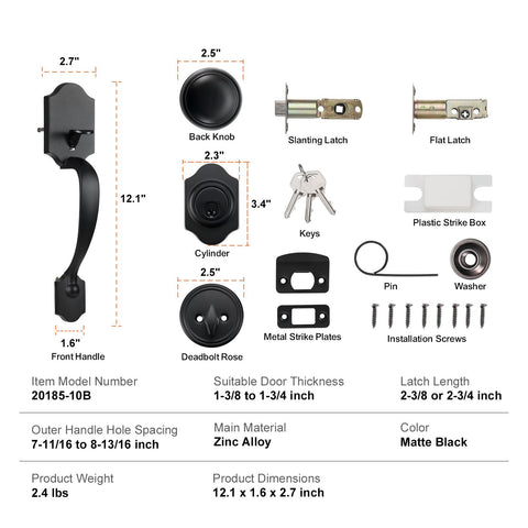 Front Door Handle and Deadbolt Set, Matte Black Front Door Lock Set with Interior Knob, Single Cylinder Handleset Adjustable Hole Spacing, for Right and Left Handed Entrance and Front Door