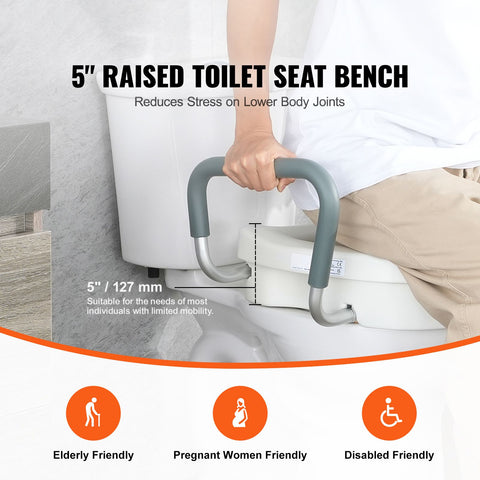 Raised Toilet Seat, 5" Height Raised, 350 lbs Weight Capacity, for Round and Elongated Toilet, Twist Lock Installation,19.1" - 21.7" Adjustable Width, for Elderly, Handicap, Patient, Pregnant, M