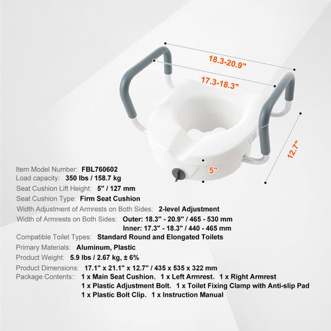 Raised Toilet Seat, 5" Height Raised, 350 lbs Weight Capacity, for Round and Elongated Toilet, Twist Lock Installation,19.1" - 21.7" Adjustable Width, for Elderly, Handicap, Patient, Pregnant, M