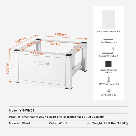Laundry Pedestal 686mmmW x 366mmH, Washer And Dryer Base Stand Platform Universal Fit 299kg Capacity, Heavy Duty Multi-Functional Base for Washing Machine with Drawer & Rich Accessories