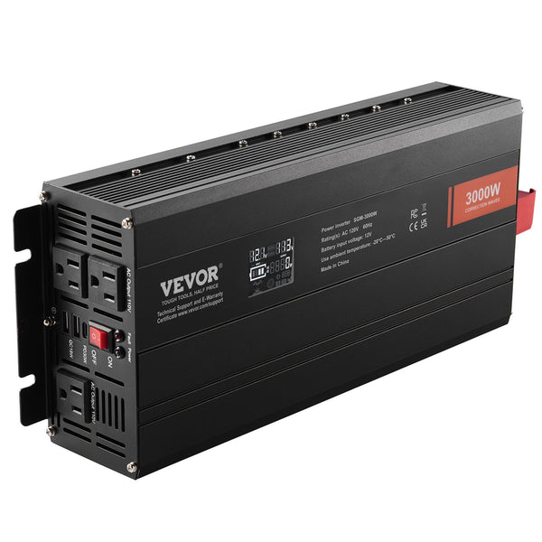 Modified Sine Wave Inverter, 3000Watt, DC 12V to AC 230V LCD Display Power Inverter with 3 AC Outlets 2 USB Port 1 Type-C Port 10 Spare Fuses, for Large Household Equipment, CE FCC Certified
