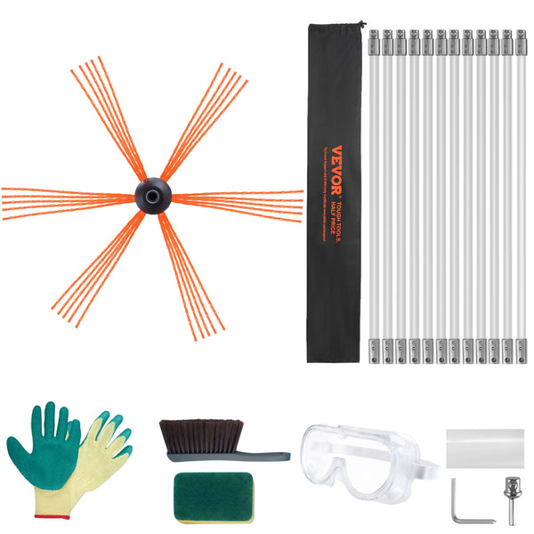 12 m Chimney Sweep Kit, w/ 12 Reinforced Nylon Flexible Rods, Ergonomic Chimney Cleaning Brush, 360-Degree Brush Chimney Cleaner, Rich Accessories for Fireplace Flue Home Use Fits most Pipes