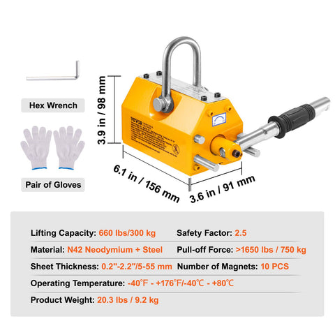 Magnetic Lifter, 300 kg Pulling Capacity, 2.5 Safety Factor, Neodymium & Steel, Lifting Magnet with Release, Permanent Lift Magnets, Heavy Duty Magnet for Hoist, Shop Crane, Block, Board