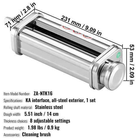 Pasta Attachment for KitchenAid Stand Mixer, Stainless Steel Pasta Sheet Roller Attachment, Pasta Maker Machine Accessory with 8 Adjustable Thickness Knob, KitchenAid Pasta Attachment by VEVOR
