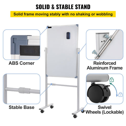Mobile Dry Erase Board Magnetic Whiteboard w/ Stand 60 x 90cm Double Sided