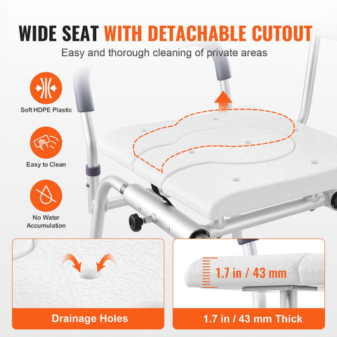 Sliding Tub Transfer Bench Shower Chair & Cut-Out Seat Reversible Backrest
