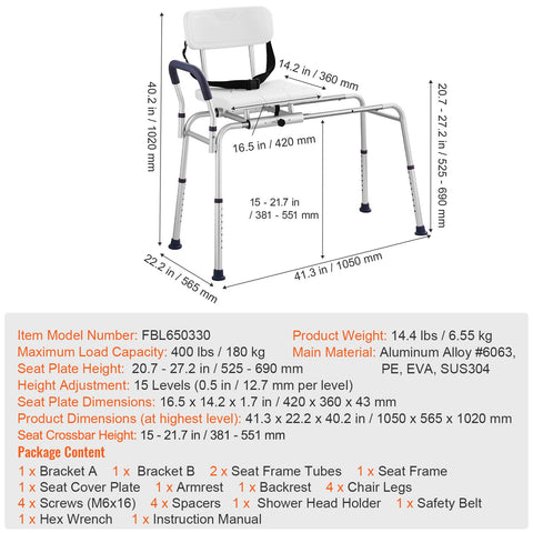 Sliding Tub Transfer Bench Shower Chair & Cut-Out Seat Reversible Backrest