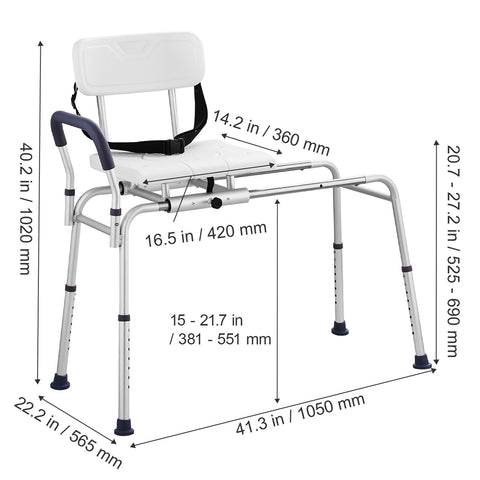 Sliding Tub Transfer Bench Shower Chair & Cut-Out Seat Reversible Backrest