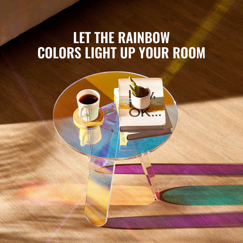 Round Iridescent Side Table, Acrylic End Table, Clear Rainbow Acrylic Coffee Table for Drink, Food, Snack used in Living Room, Bedroom, and Study