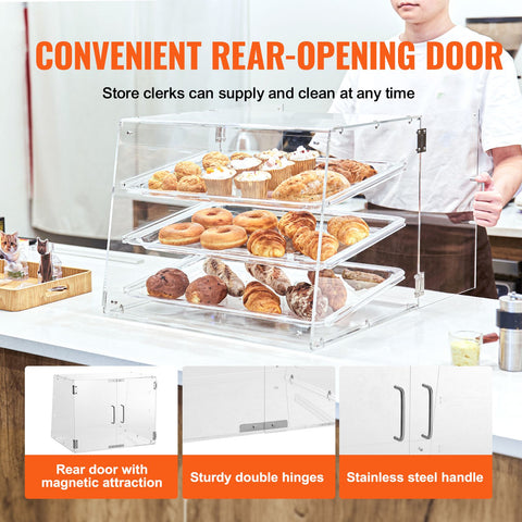 Pastry Display Case, 3-Tier Commercial Countertop Bakery Display Case, Acrylic Display Box with Rear Door Access & Removable Shelves, Keep Fresh for Donut Bagels Cake Cookie