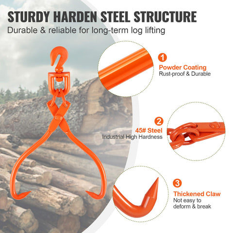 Log Skidding Tongs, 45.7cm 2 Claw Log Lifting Tongs, Heavy Duty Rotating Steel Lumber Skidding Tongs, 350 kg Loading Capacity, Log Lifting, Handling, Dragging & Carrying Tool