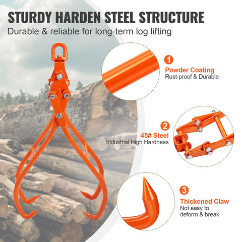 Timber Claw Hook, 36 inch 4 Claw Log Grapple for Logging Tongs, Swivel Steel Log Lifting Tongs, Eagle Claws Design with 3307 lbs/1500 kg Loading Capacity for Tractors, ATVs, Trucks, Forklifts