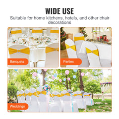 VEVOR Stretch Spandex Chair Sashes, Chair Slipcover and Stretch Chair Sash with Round Buckle, Elastic Chair Bands, Fitting Wedding, Holiday, Banquet, Party Chair Decoration (100 PCS Golden Yellow)