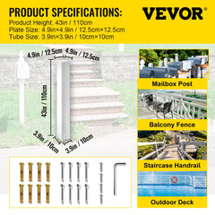 VEVOR Mailbox Post, 43"" High Mailbox Stand, White Powder-Coated Mail Box Post Kit, Q235 Steel Post Stand Surface Mount Post for Sidewalk and Street Curbside, Universal Mail Post for Outdoor Mailbox