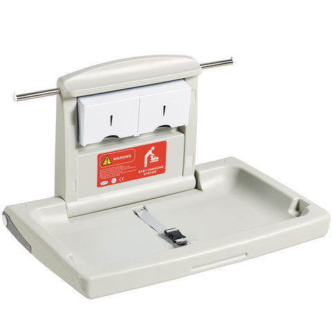 Wall-Mounted Baby Changing Station, Horizontal Foldable Diaper Change Table with Safety Straps and Hanging Rods, Use in Commercial Bathrooms, Daycare Centers for Newborns & Infant