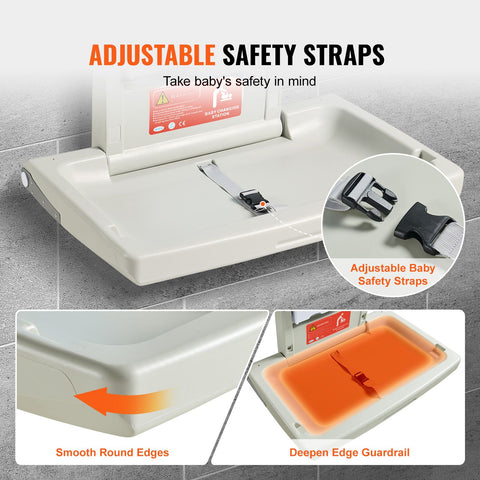 Wall-Mounted Baby Changing Station, Horizontal Foldable Diaper Change Table with Safety Straps and Hanging Rods, Use in Commercial Bathrooms, Daycare Centers for Newborns & Infant