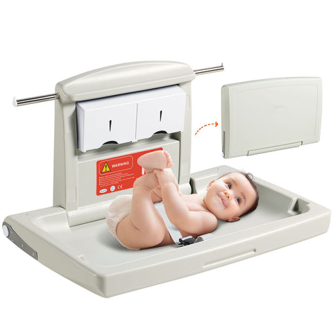 Wall-Mounted Baby Changing Station, Horizontal Foldable Diaper Change Table with Safety Straps and Hanging Rods, Use in Commercial Bathrooms, Daycare Centers for Newborns & Infant