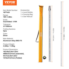 VEVOR Measuring Rod 16-Feet/8ths 4 Sections Telescopic Grade Rod 1/8in w/ Bag
