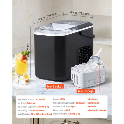 Portable Countertop Ice Maker 26Lbs/24H Self-Cleaning with Scoop Basket