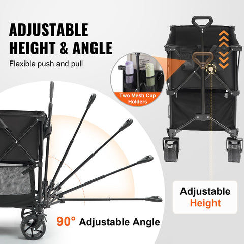 Foldable Double Decker Wagon, 400L Collapsible Wagon Cart with All-Terrain Wheels, Heavy Duty Folding Wagon Cart 350-450 lb Weight Capacity for Camping, Shopping, Garden, 52" Extra Long Extender