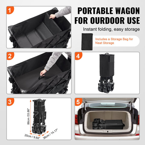 Foldable Double Decker Wagon, 400L Collapsible Wagon Cart with All-Terrain Wheels, Heavy Duty Folding Wagon Cart 350-450 lb Weight Capacity for Camping, Shopping, Garden, 52" Extra Long Extender