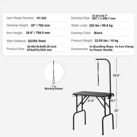 Pet Grooming Table Arm with Clamp, 808 x 460 mm Dog Grooming Station, Foldable Pets Grooming Stand for Medium and Small Dogs, Free No Sit Haunch Holder with Grooming Loop, Bearing 99.8kg