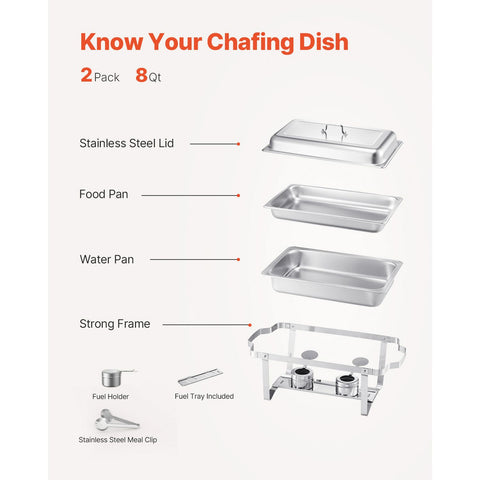 8 Qt 2 Pack Rectangle Chafing Dish Buffet Set Fullsize Pan Stainless Steel