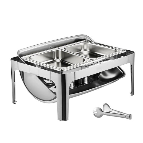 Roll Top Chafing Dish Buffet Complete Set, 9 Qt 1 Pack Stainless Steel Chafer with 2 Half Size Pans, Rectangle Catering Warmer Server with Visible Lid Water Pan Folding Stand Fuel Holder, Silver