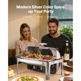 Roll Top Chafing Dish Buffet Complete Set, 9 Qt 1 Pack Stainless Steel Chafer with 2 Half Size Pans, Rectangle Catering Warmer Server with Visible Lid Water Pan Folding Stand Fuel Holder, Silver