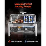 Roll Top Chafing Dish Buffet Complete Set, 9 Qt 1 Pack Stainless Steel Chafer with 2 Half Size Pans, Rectangle Catering Warmer Server with Visible Lid Water Pan Folding Stand Fuel Holder, Silver