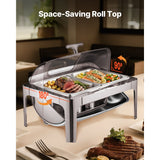 Roll Top Chafing Dish Buffet Complete Set, 9 Qt 1 Pack Stainless Steel Chafer with 2 Half Size Pans, Rectangle Catering Warmer Server with Visible Lid Water Pan Folding Stand Fuel Holder, Silver