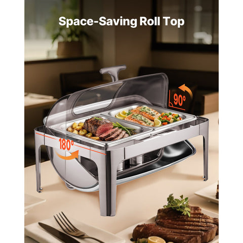 Roll Top Chafing Dish Buffet Complete Set, 9 Qt 1 Pack Stainless Steel Chafer with 2 Half Size Pans, Rectangle Catering Warmer Server with Visible Lid Water Pan Folding Stand Fuel Holder, Silver