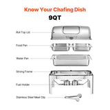 Roll Top Chafing Dish Buffet Complete Set, 9 Qt 1 Pack Stainless Steel Chafer with 2 Half Size Pans, Rectangle Catering Warmer Server with Visible Lid Water Pan Folding Stand Fuel Holder, Silver