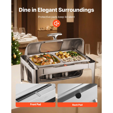 Roll Top Chafing Dish Buffet Complete Set, 9 Qt 1 Pack Stainless Steel Chafer with 2 Half Size Pans, Rectangle Catering Warmer Server with Visible Lid Water Pan Folding Stand Fuel Holder, Silver