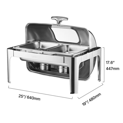Roll Top Chafing Dish Buffet Complete Set, 9 Qt 1 Pack Stainless Steel Chafer with 2 Half Size Pans, Rectangle Catering Warmer Server with Visible Lid Water Pan Folding Stand Fuel Holder, Silver
