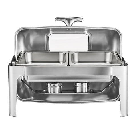 Roll Top Chafing Dish Buffet Complete Set, 9 Qt 1 Pack Stainless Steel Chafer with 2 Half Size Pans, Rectangle Catering Warmer Server with Visible Lid Water Pan Folding Stand Fuel Holder, Silver
