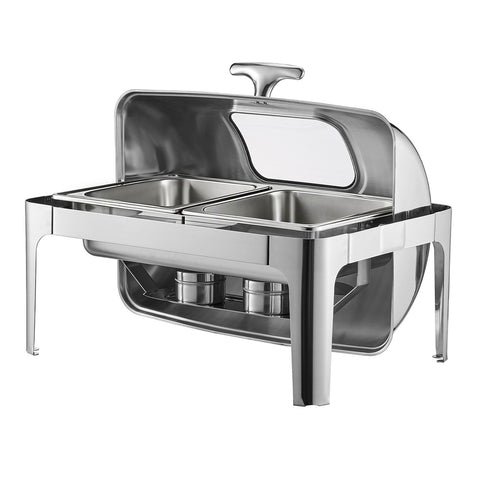 Roll Top Chafing Dish Buffet Complete Set, 9 Qt 1 Pack Stainless Steel Chafer with 2 Half Size Pans, Rectangle Catering Warmer Server with Visible Lid Water Pan Folding Stand Fuel Holder, Silver