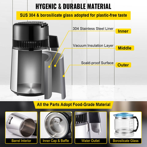 1.1 Gal Water Distiller, 0.3 Gal/H, 750W Distilled Water Maker Machine 0-99H Timing Set Temp Display, 304 Stainless Steel Countertop Distiller Glass Carafe Cleaning Powder 3 Carbon Packs, Silver