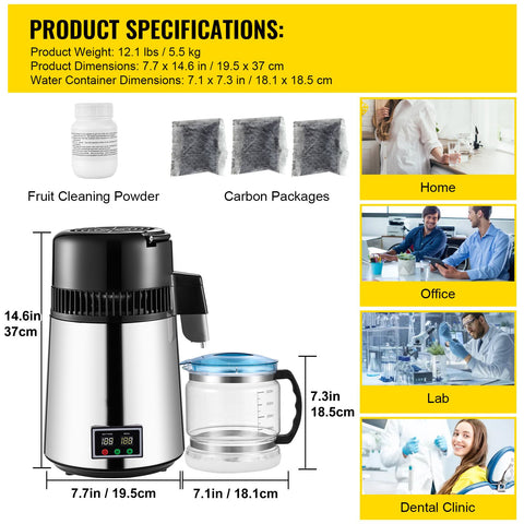 1.1 Gal Water Distiller, 0.3 Gal/H, 750W Distilled Water Maker Machine 0-99H Timing Set Temp Display, 304 Stainless Steel Countertop Distiller Glass Carafe Cleaning Powder 3 Carbon Packs, Silver