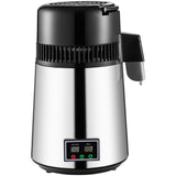 1.1 Gal Water Distiller, 0.3 Gal/H, 750W Distilled Water Maker Machine 0-99H Timing Set Temp Display, 304 Stainless Steel Countertop Distiller Glass Carafe Cleaning Powder 3 Carbon Packs, Silver
